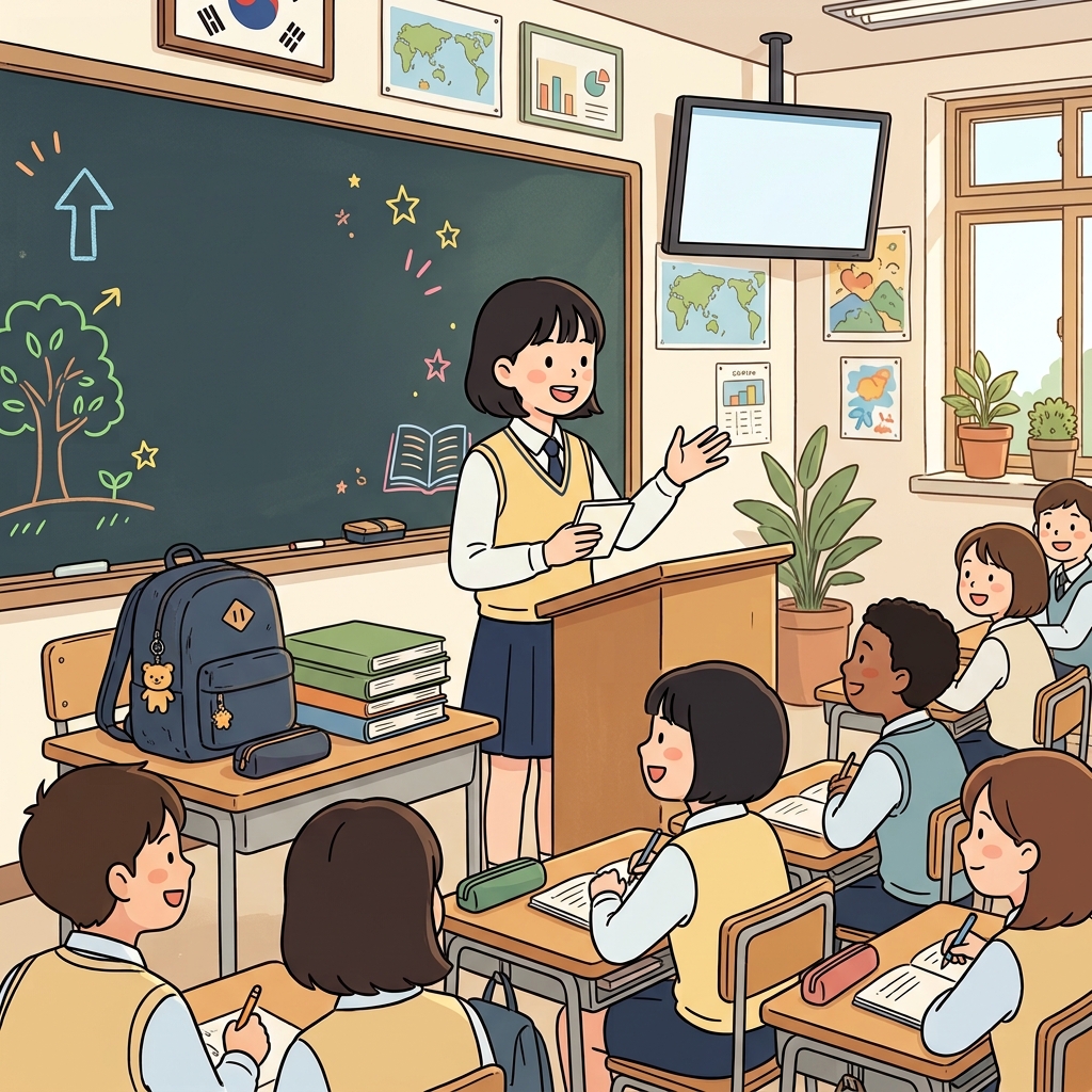 그 청소년은 중학교 시절 많은 변화를 겪었다. ("애들 레슨!" → 애들이 성장하며 여러 가지를 배우는 시기)
