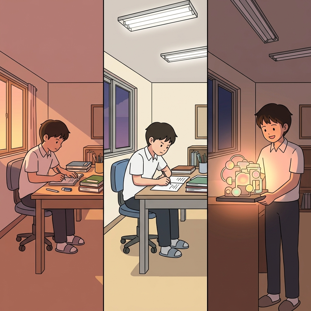 The adolescent studied under fluorescent lights until his ideas became luminescent with creativity.