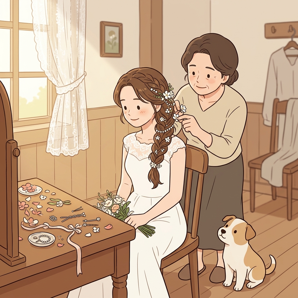 신부의 머리에 작은 하얀 꽃들이 곱게 장식되어 있었다.