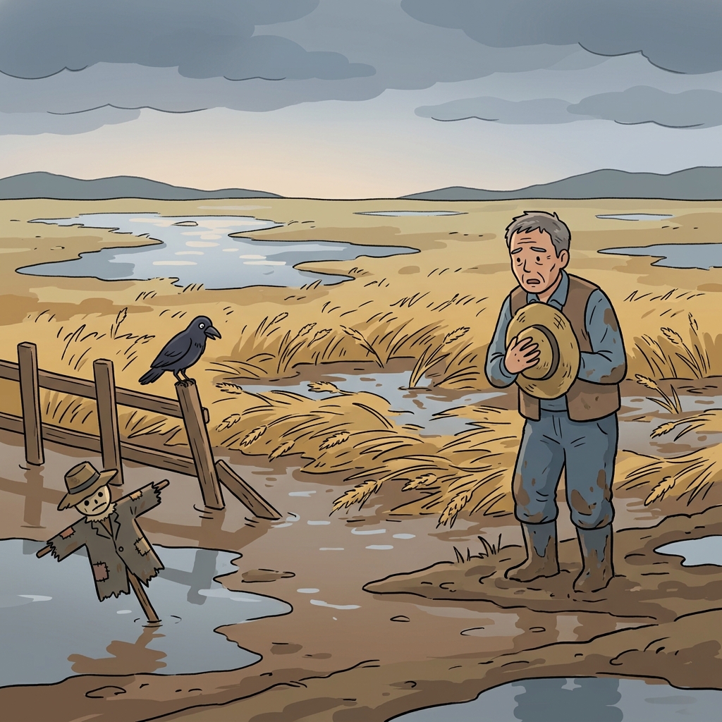 Heavy rain adversely flooded the farmer's wheat field overnight.