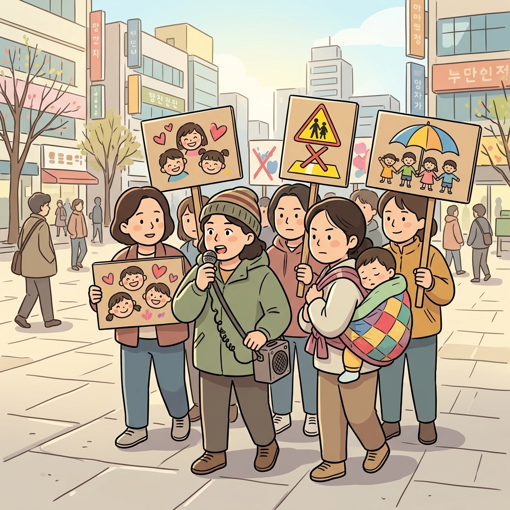 엄마들은 "애(ad)들 보(vo)호 커(ca)지게 해달라고 시(cy)위"하며 적극적으로 옹호(advocacy)의 목소리를 냈다.