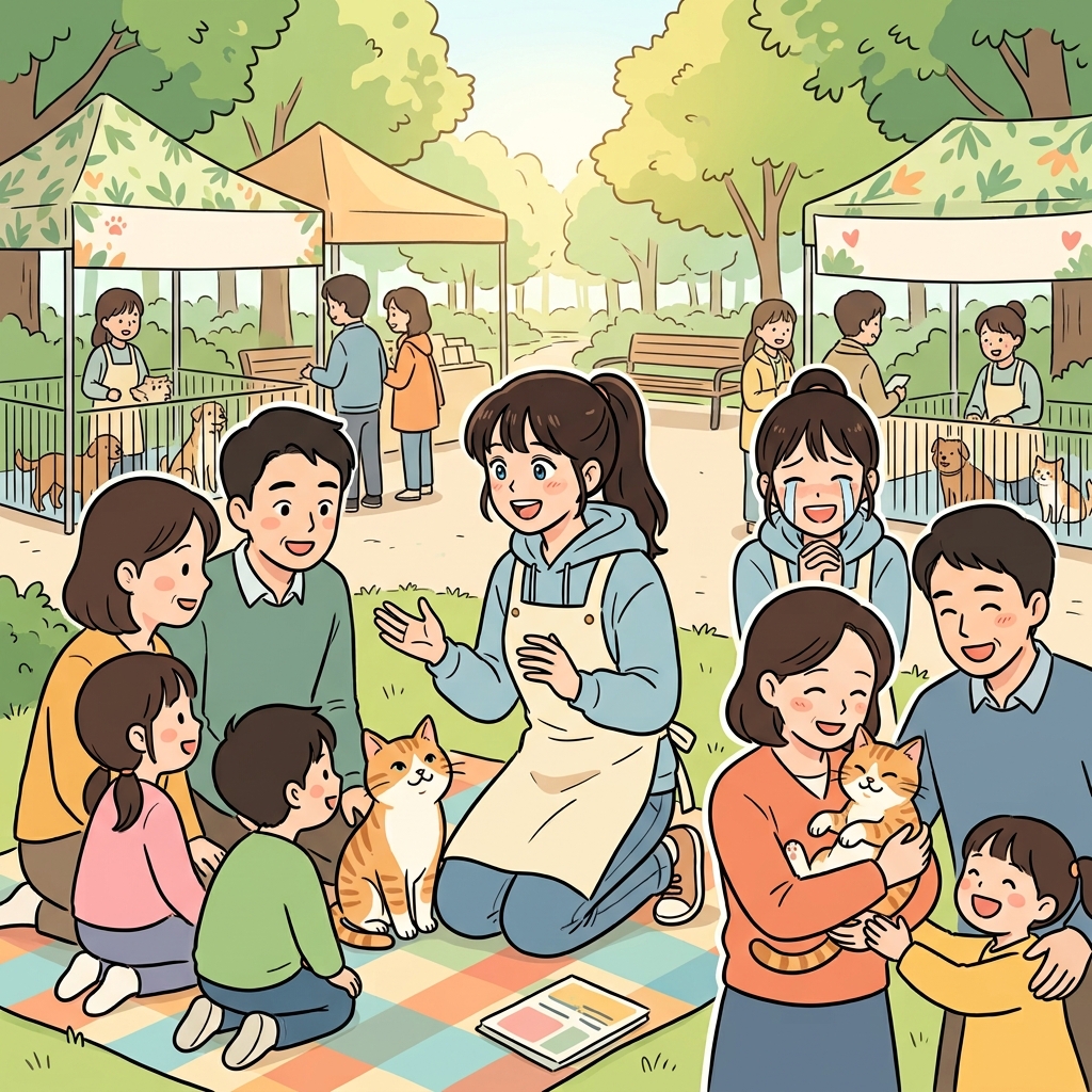 그녀는 떠돌이 강아지를 끝까지 도왔고, 마침내 따뜻한 가족을 찾아 주었다. ("애드보캣!"
→ "애드(ADD) + 보호하는 CAT!" → 길고양이를 위해 입양 캠페인을 벌이며 사람들에게 적극적으로 지지하고 호소한다.)