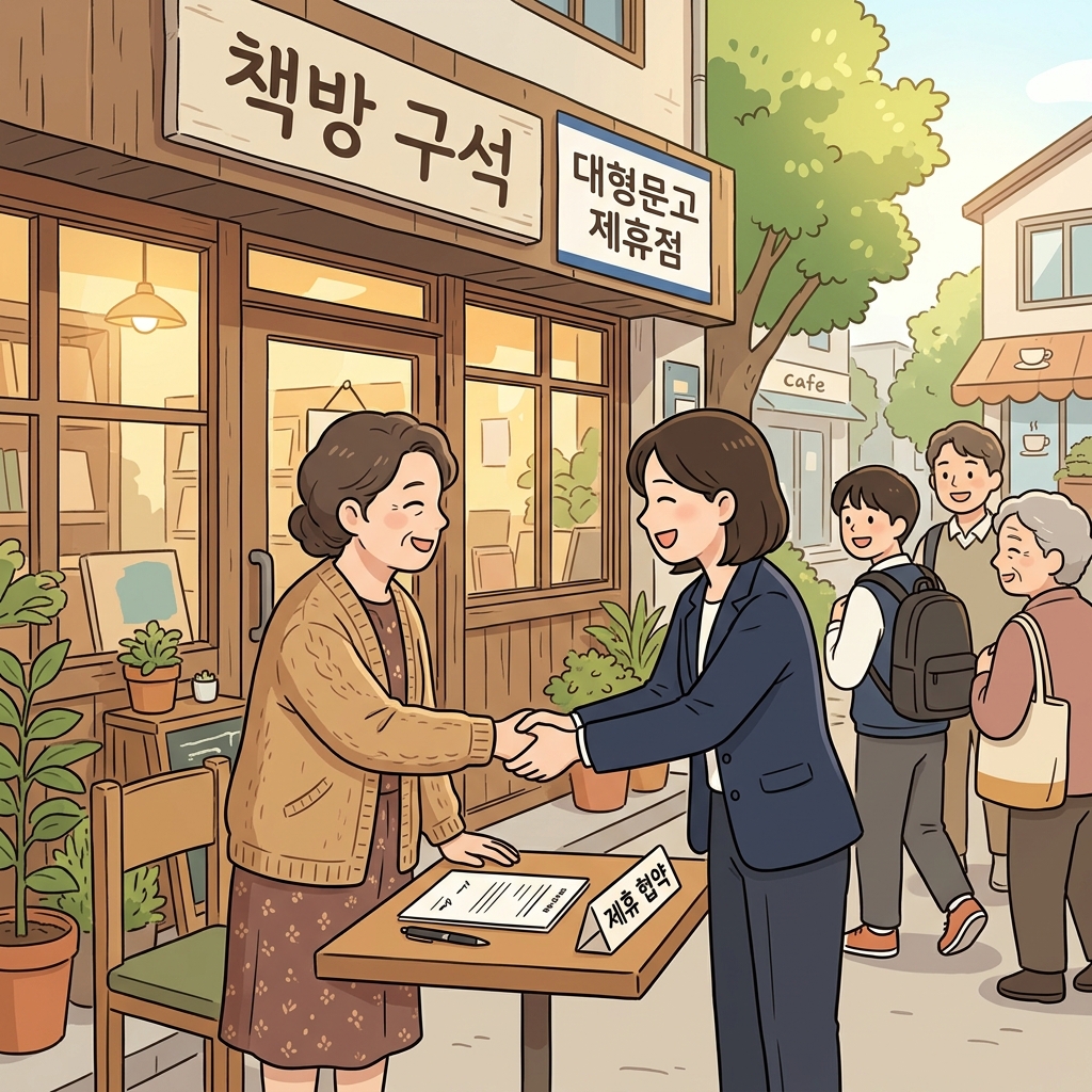 그 서점은 전국 체인과의 제휴 덕분에 더 많은 손님을 끌어모았다. ("어필했대!" → 열심히 어필해서 큰 회사와 제휴 관계를 맺게 된다)