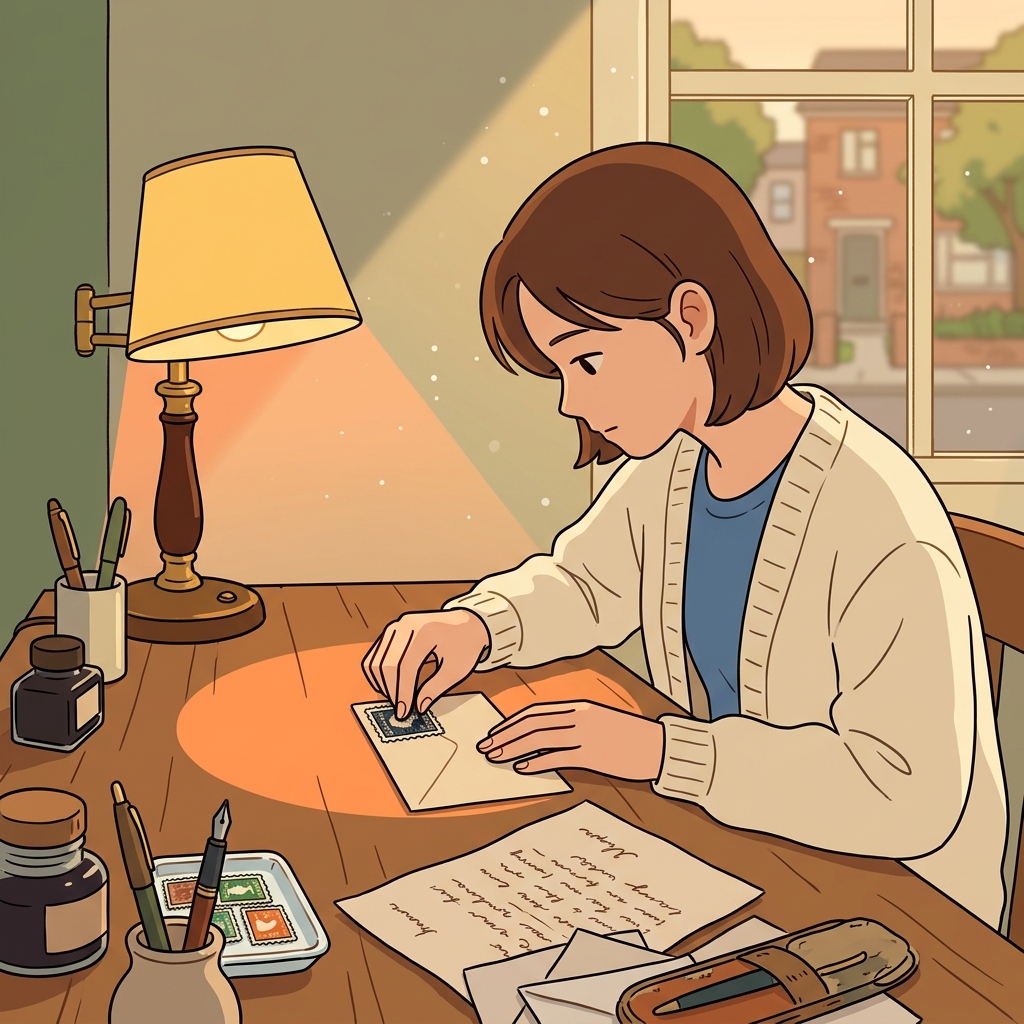 She carefully affixes a vintage stamp to the corner of her handwritten letter.
