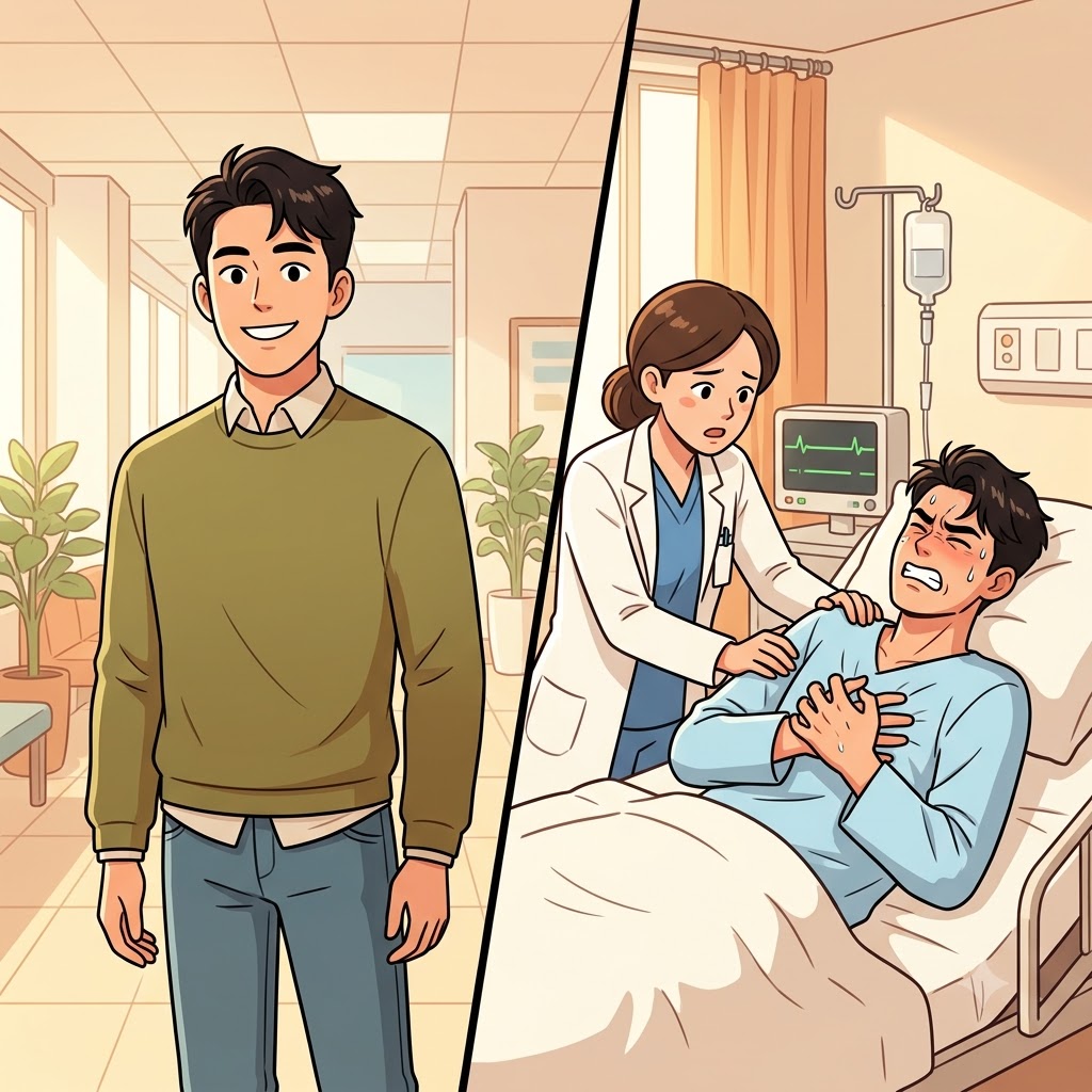 "아플(afflic) 땐 쉬어(션/tion)!" 끔찍한 병으로 고통받으며, 남자는 자신의 깊은 고통(affliction)을 보여주었다.