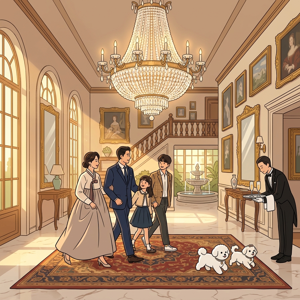 The new mansion overflows with affluence, from marble floors to crystal chandeliers.
