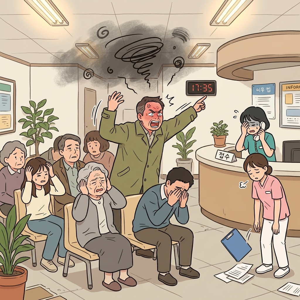 His loud complaints only aggravate the already tense waiting room.