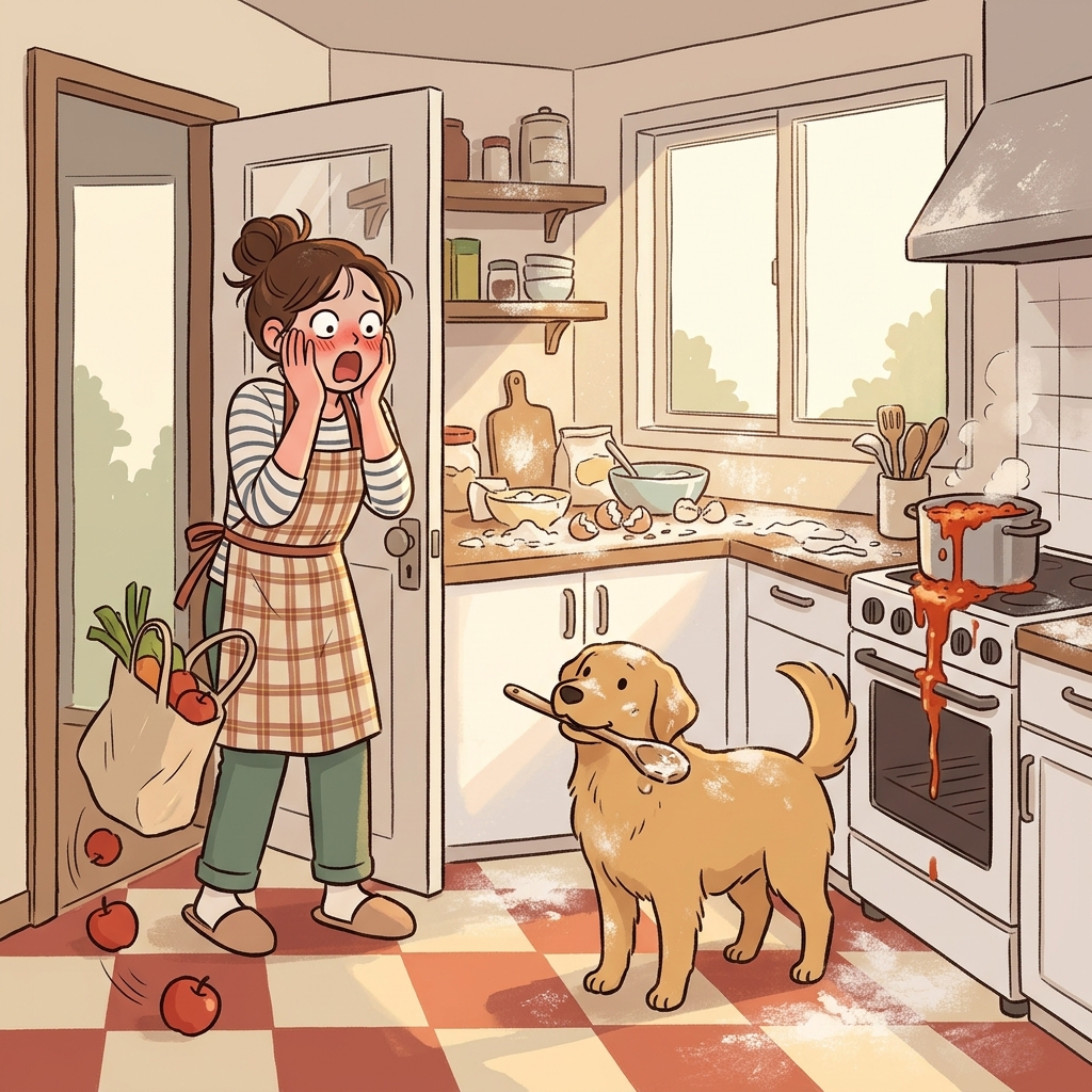 She stood aghast at the disastrous mess in the kitchen.