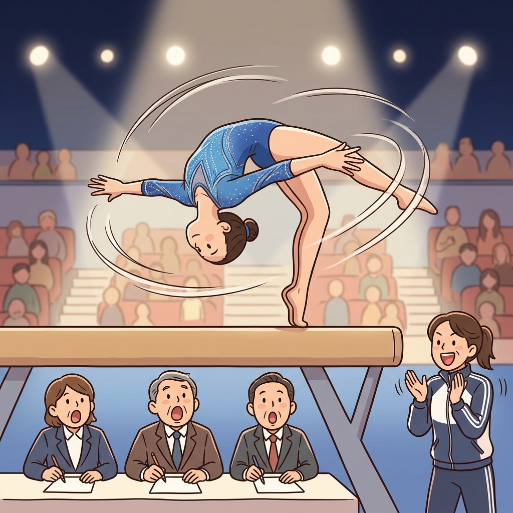 The agile gymnast flips across the balance beam without a single wobble.