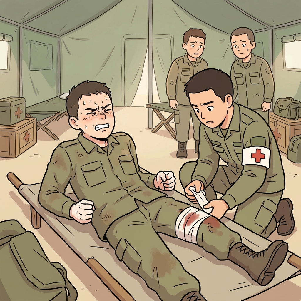 The injured soldier cried out in agony as the medic treated his wounded leg.