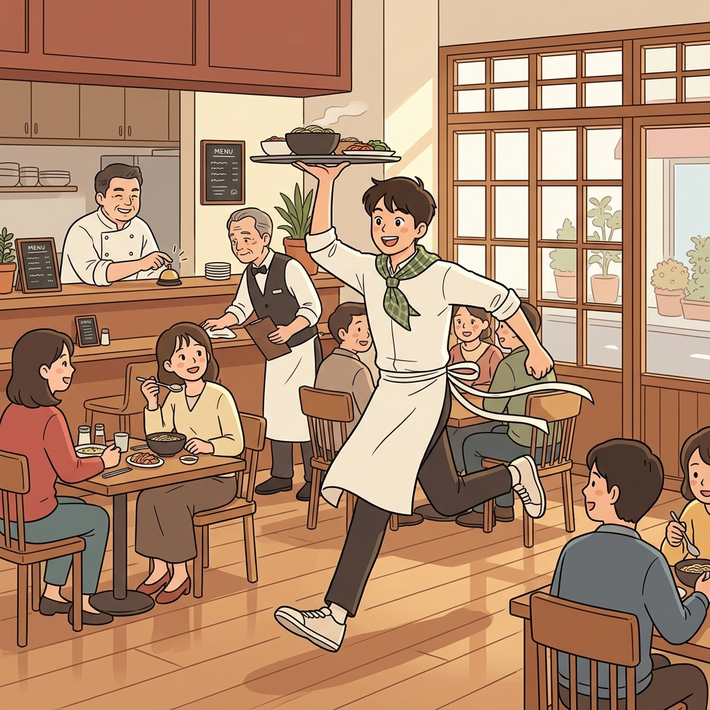 벨이 울리자마자 젊은 웨이터가 쏜살같이 달려나갔다.