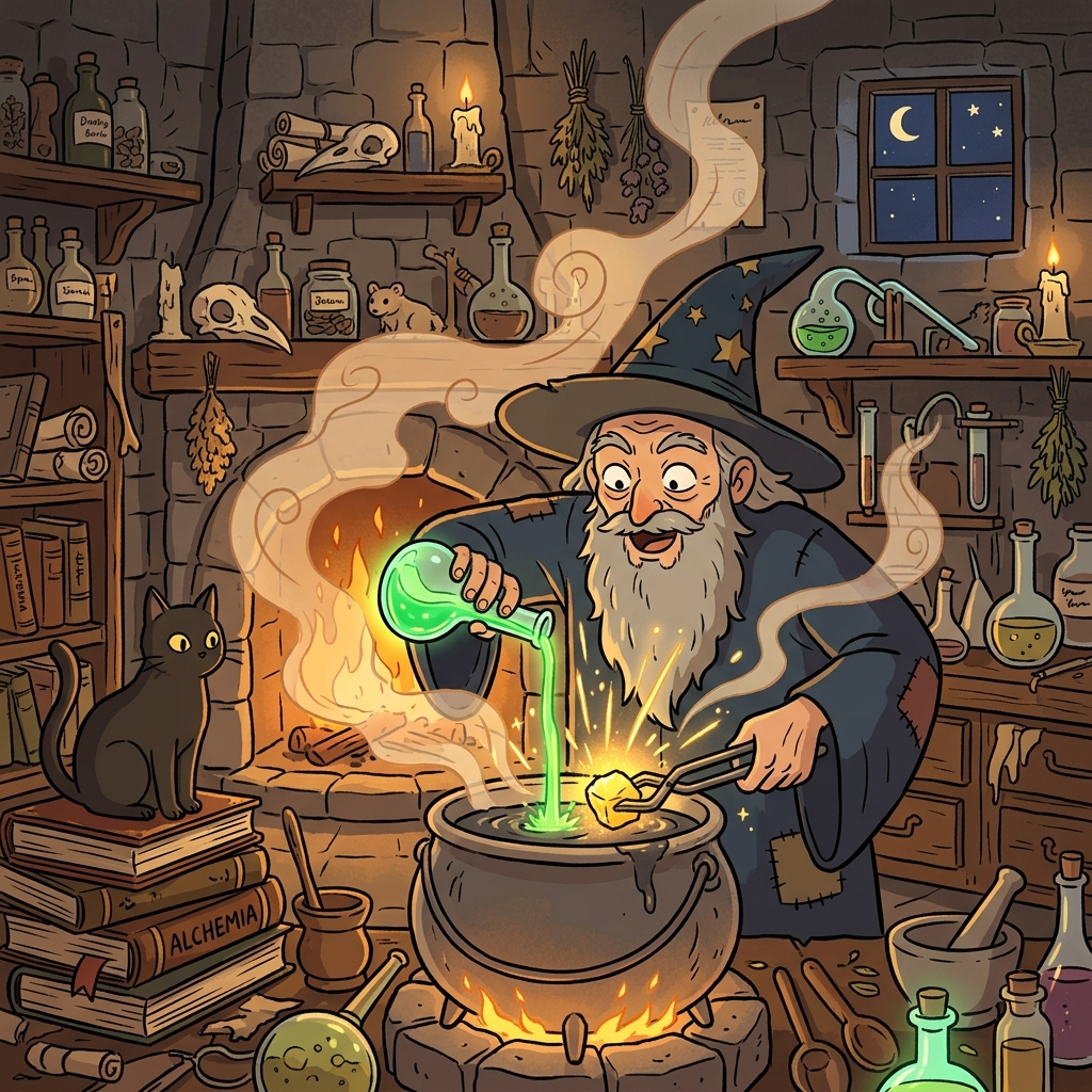 The alchemist mixes glowing potions, hoping to turn lead into gold.
