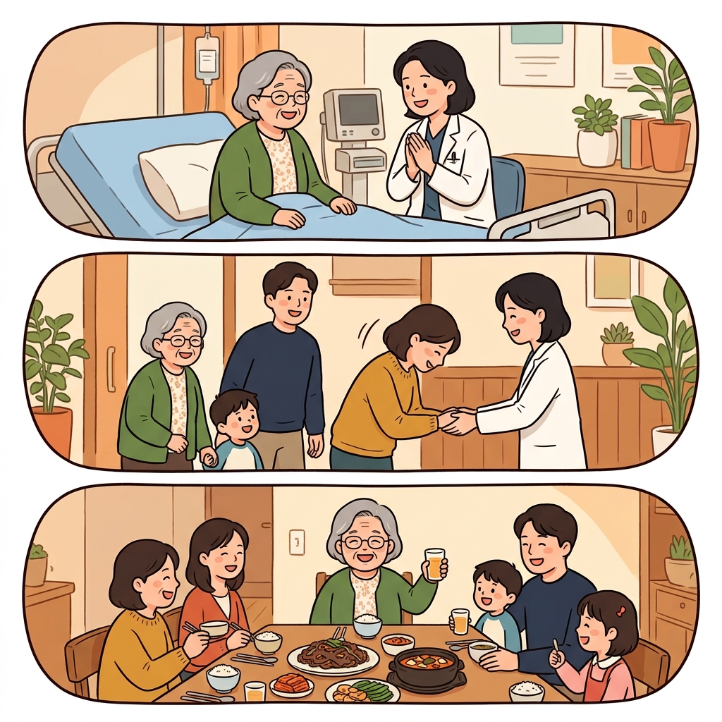 The doctor's care alleviated her pain, and her family appreciated and celebrated her recovery.