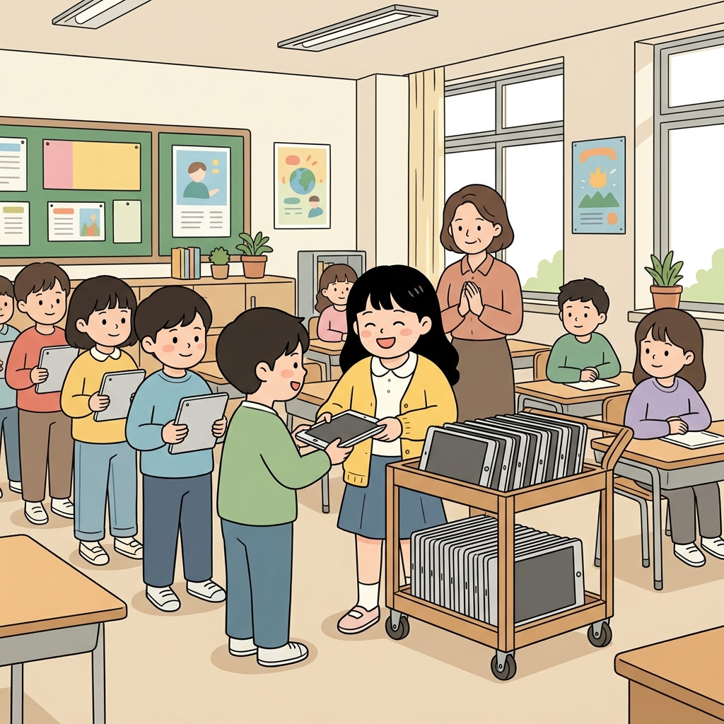 선생님은 수업이 시작되기 전에 학생들에게 태블릿을 하나씩 배정했다. ("모두(All)! 자기 위치(Location)로!")