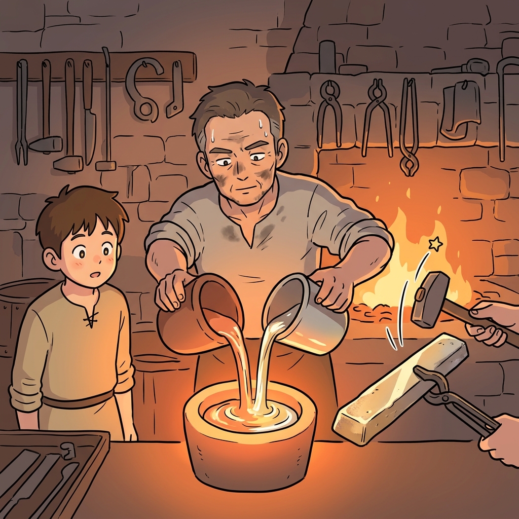 The blacksmith forges a strong alloy by melting copper and tin together.