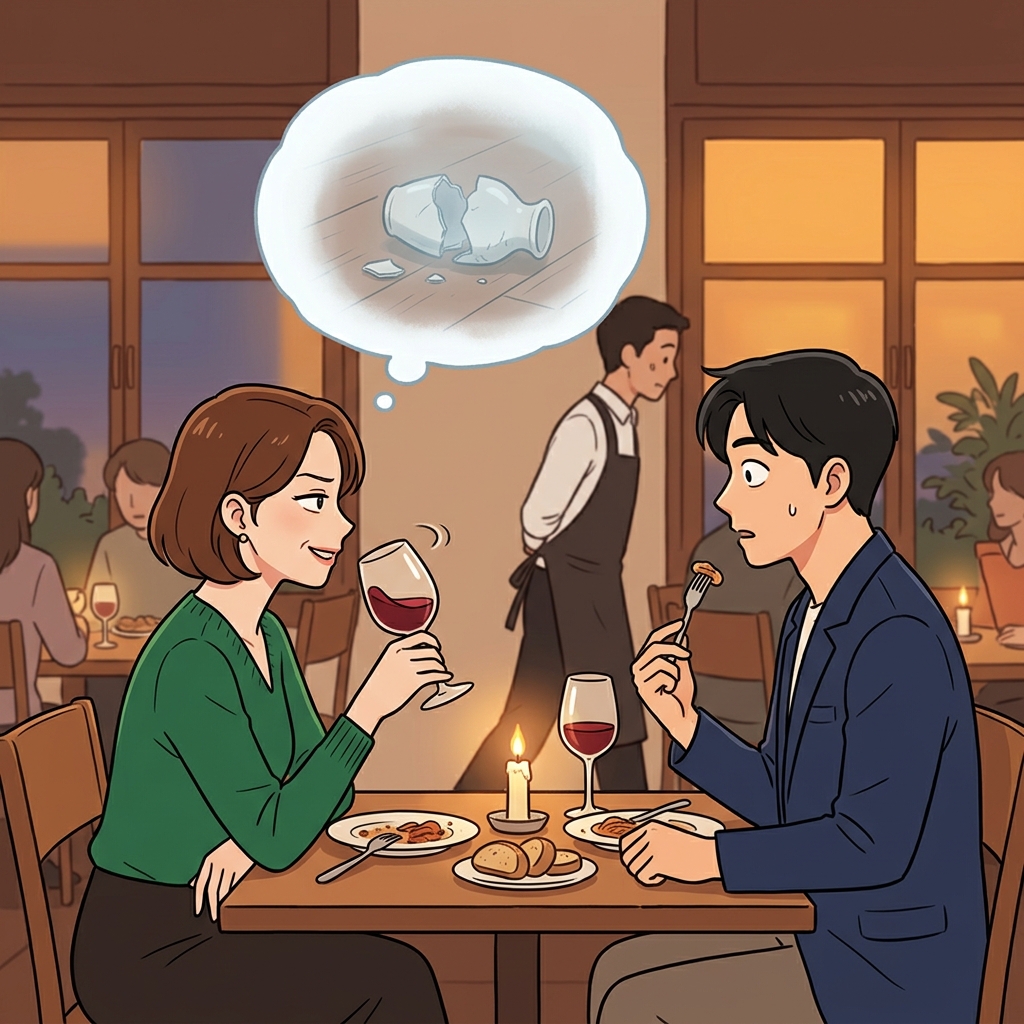 At dinner, she allude to his past mistake without naming it directly.