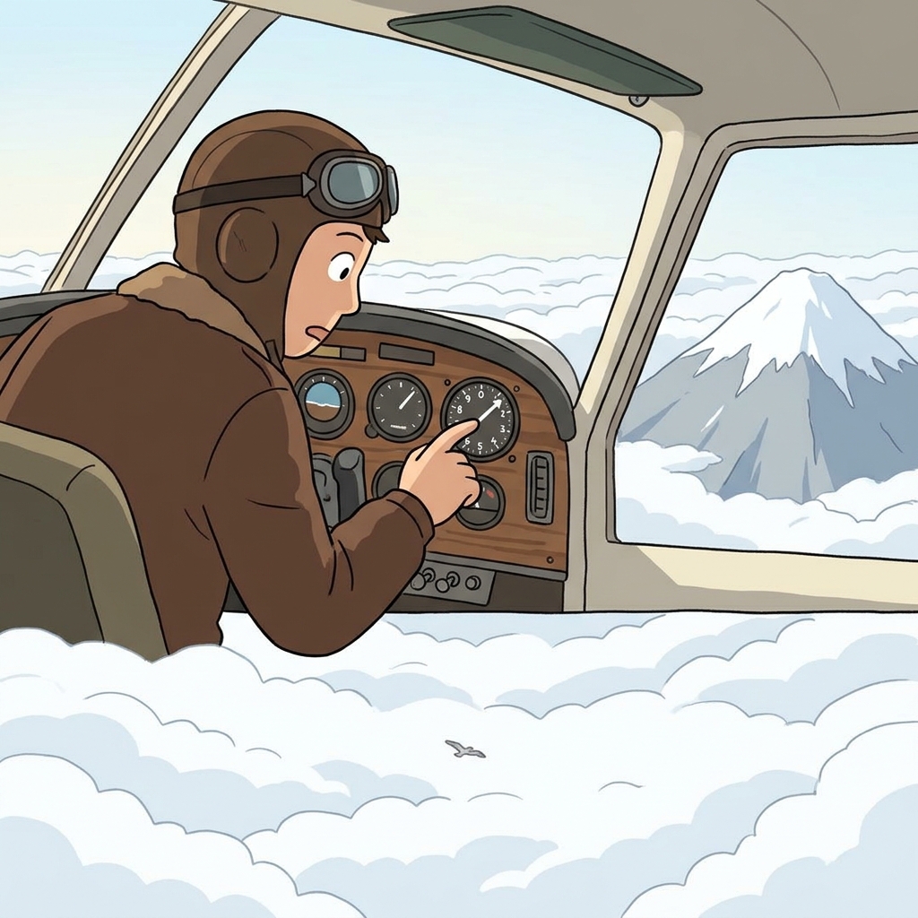 The pilot checks the altitude as the plane climbs above the clouds.