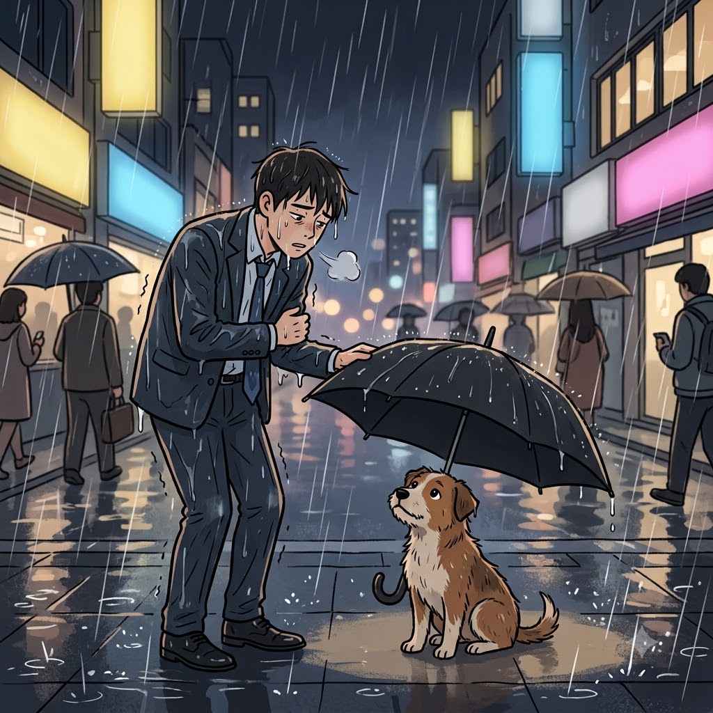 The altruistic man held his only umbrella over the freezing stray dog.