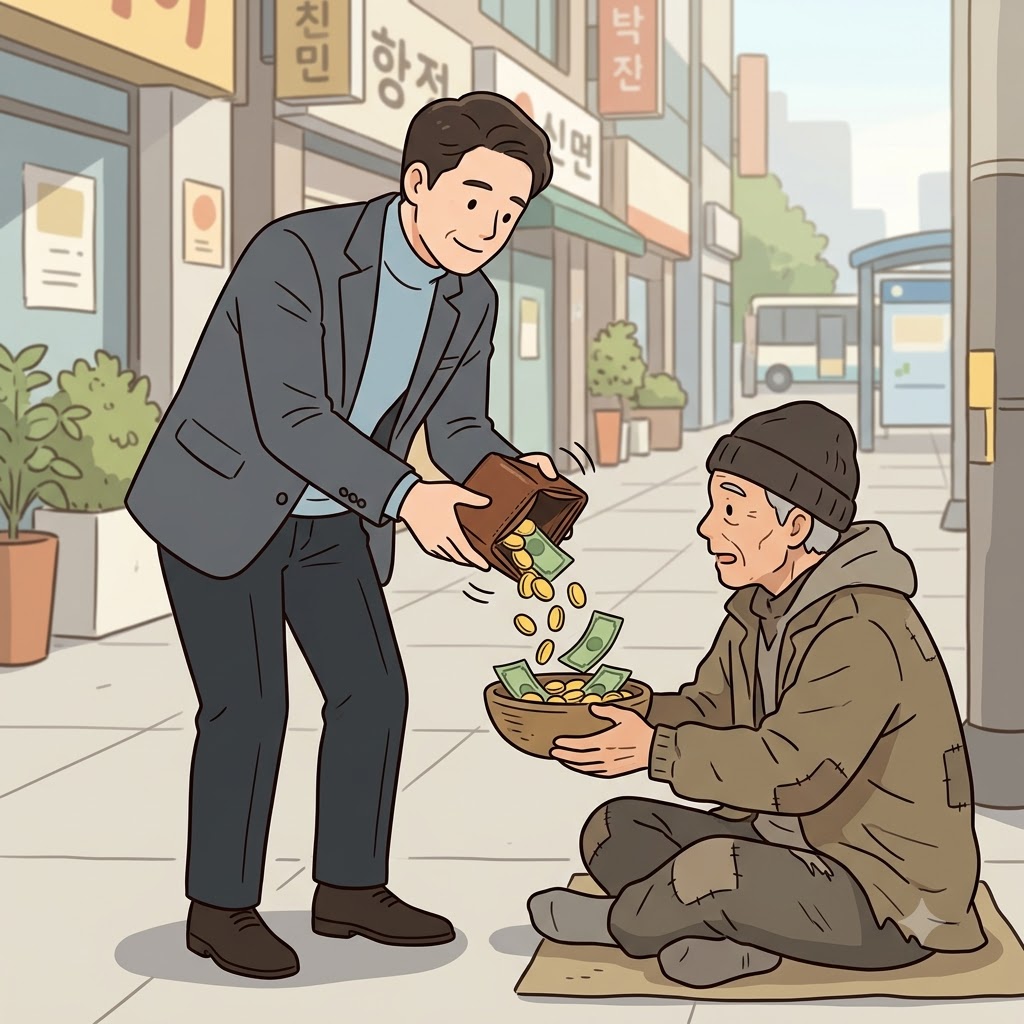 "알 털어 줌!" 이타적인(altruistic) 남자는 마지막 동전까지 모두 꺼내 거지에게 건넸다.
