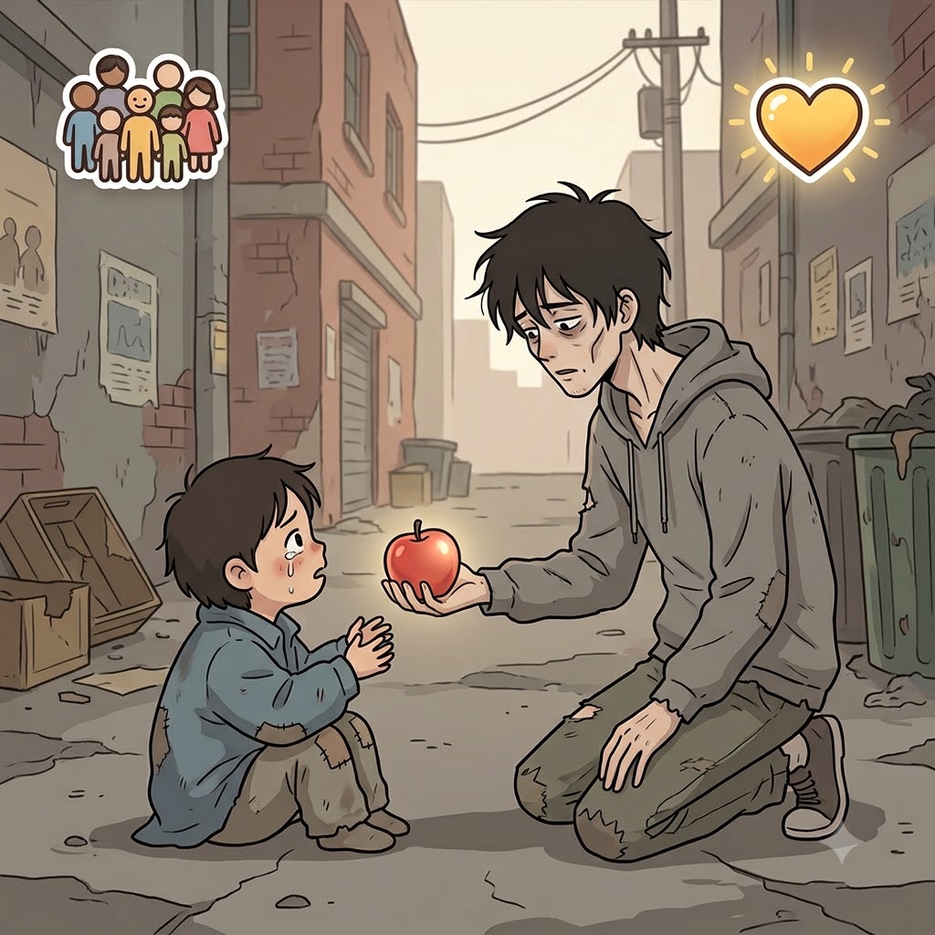 ALTRU(others) + ISTIC(character) — the altruistic man gave his last apple to a hungry child.