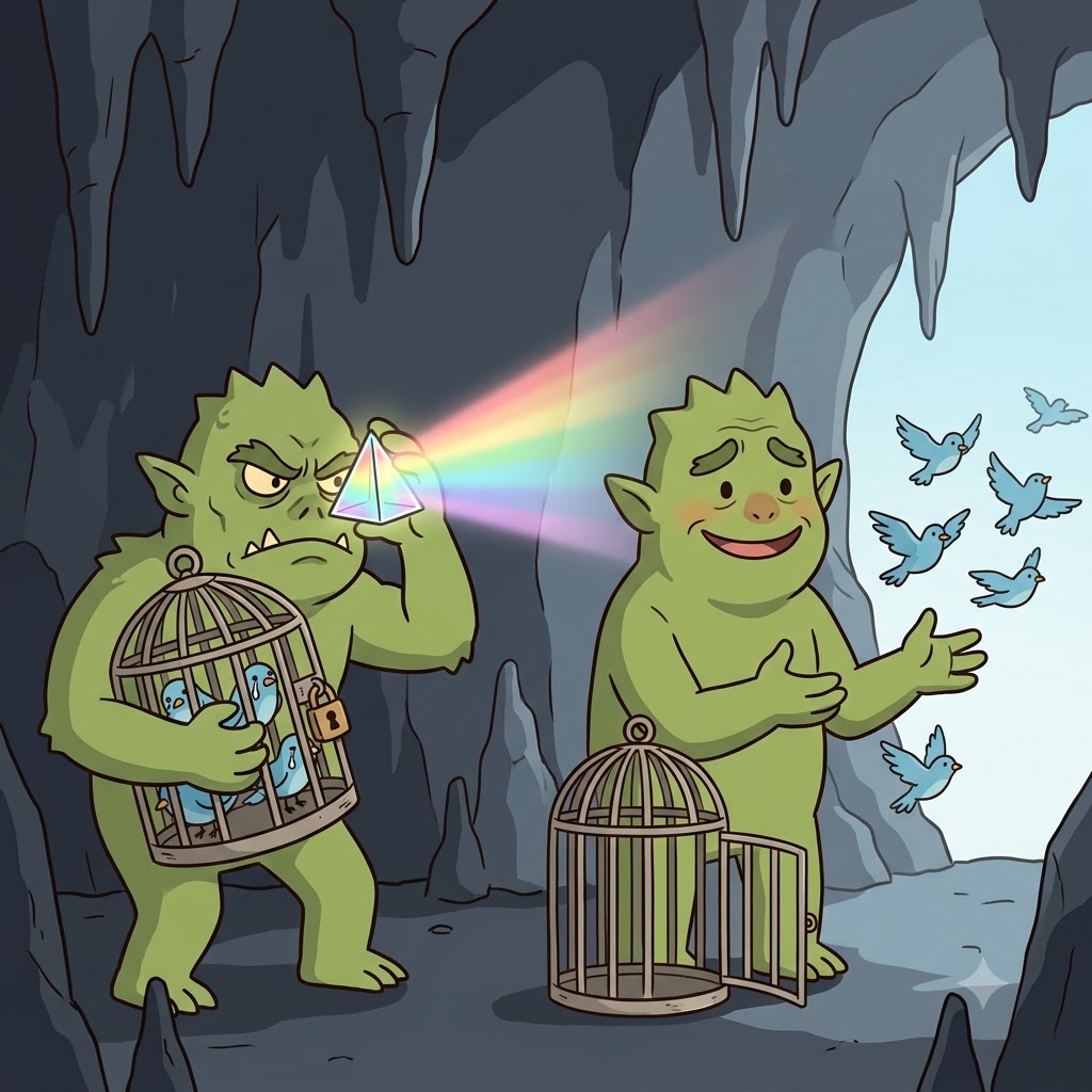 The prism's magic turned the greedy monster into an altruistic guardian of the birds.