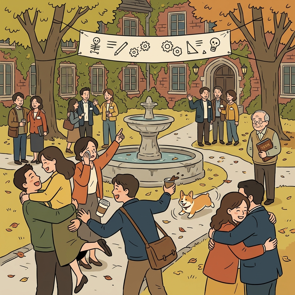 The alumni return to campus, hugging old friends near the fountain where they once studied.