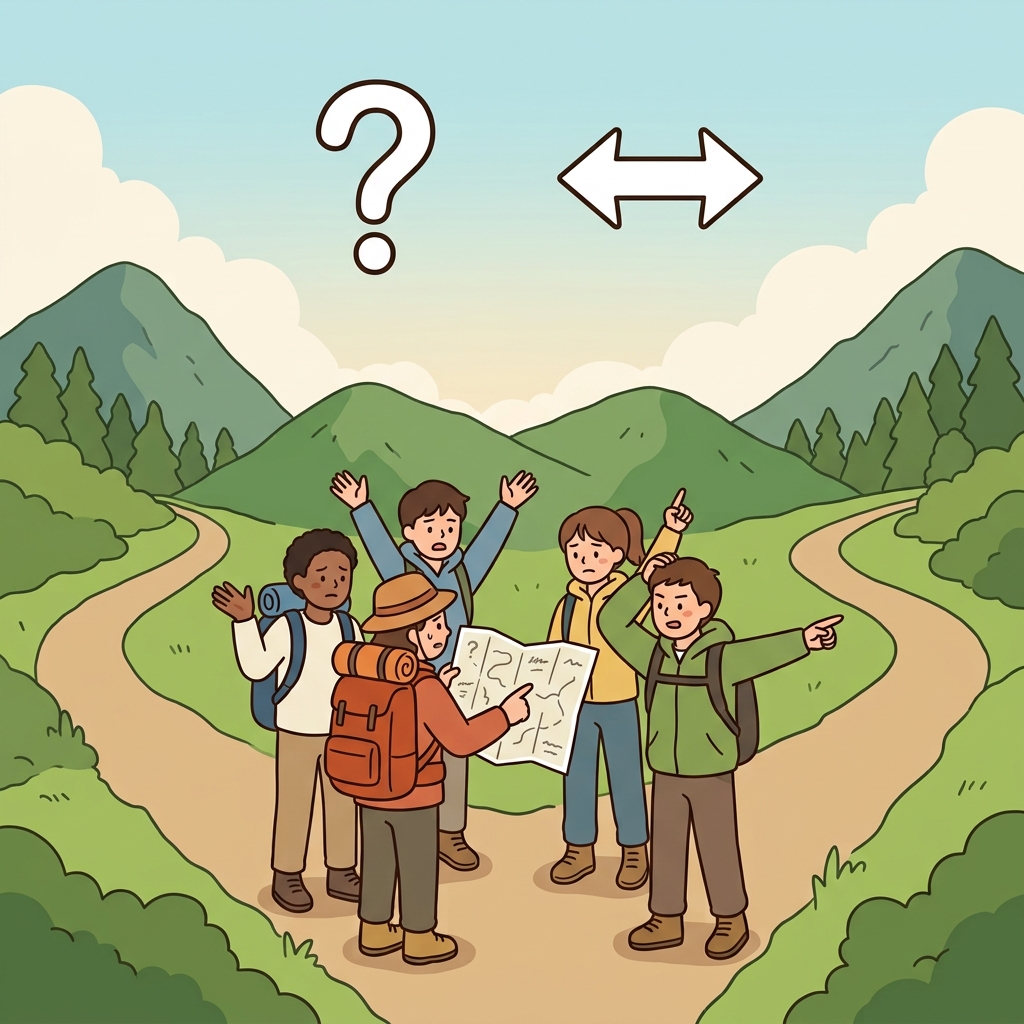 지도의 모호함 때문에 등산객들은 어느 길로 가야 할지 몰랐다.