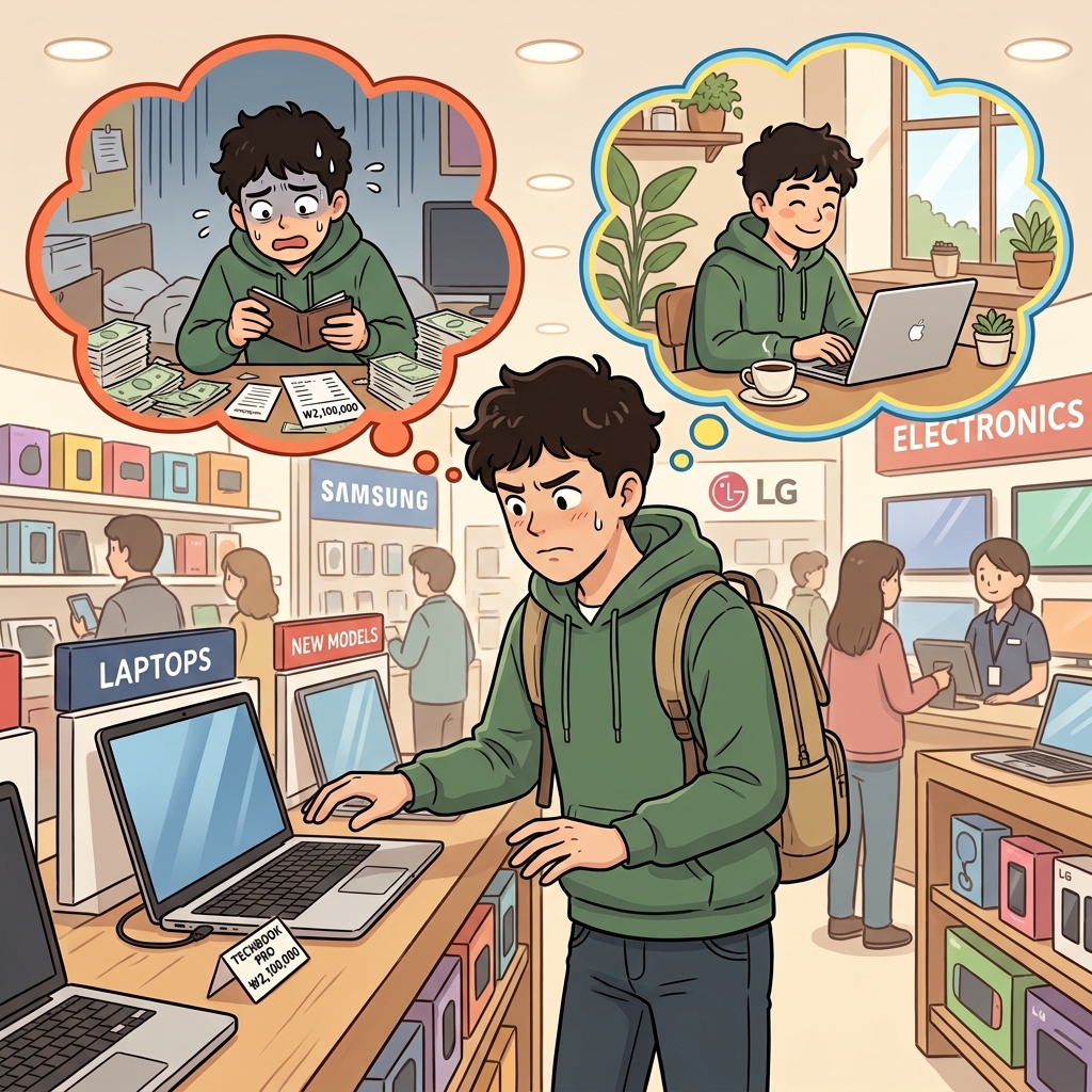 갈팡질팡하는 마음 때문에 그는 결정을 내리기 어려웠다. ("안 빌릴래? 빌릴래?" → 마음이 계속 왔다 갔다)