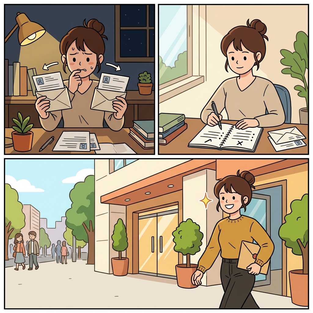 그녀의 갈팡질팡하던 마음은 균형을 찾았고, 마침내 자신감으로 바뀌었다.