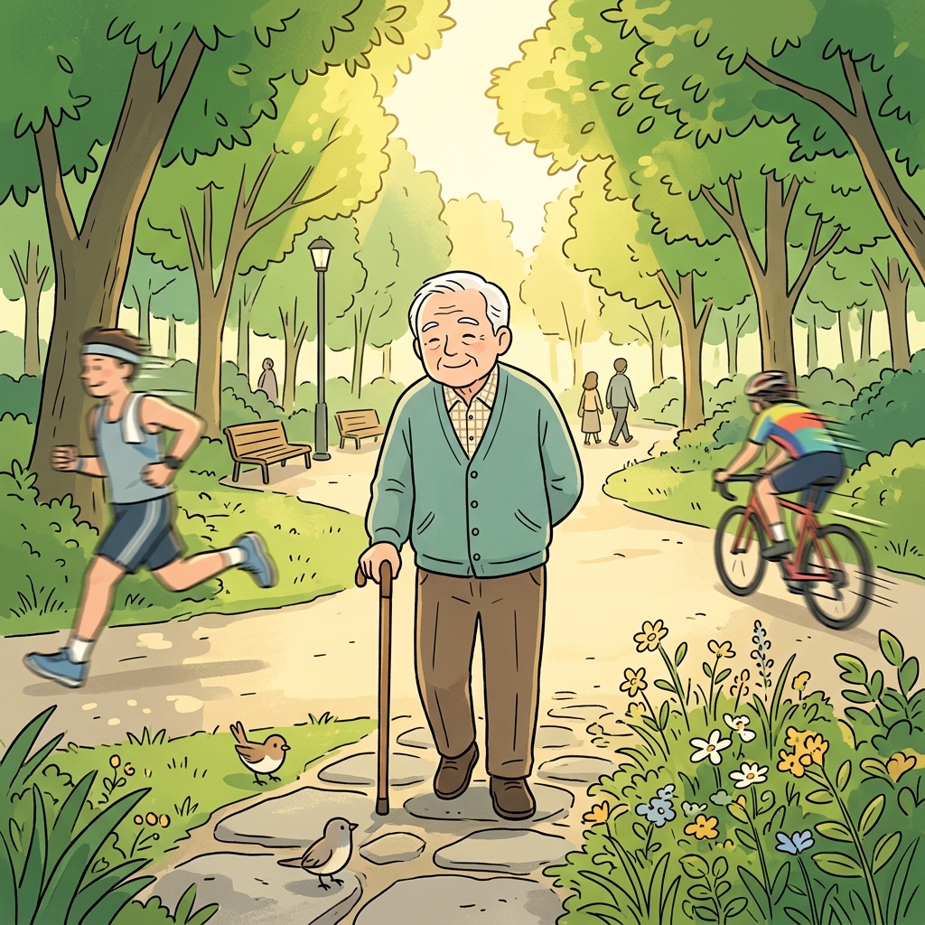 Grandpa likes to amble through the park every Sunday morning.