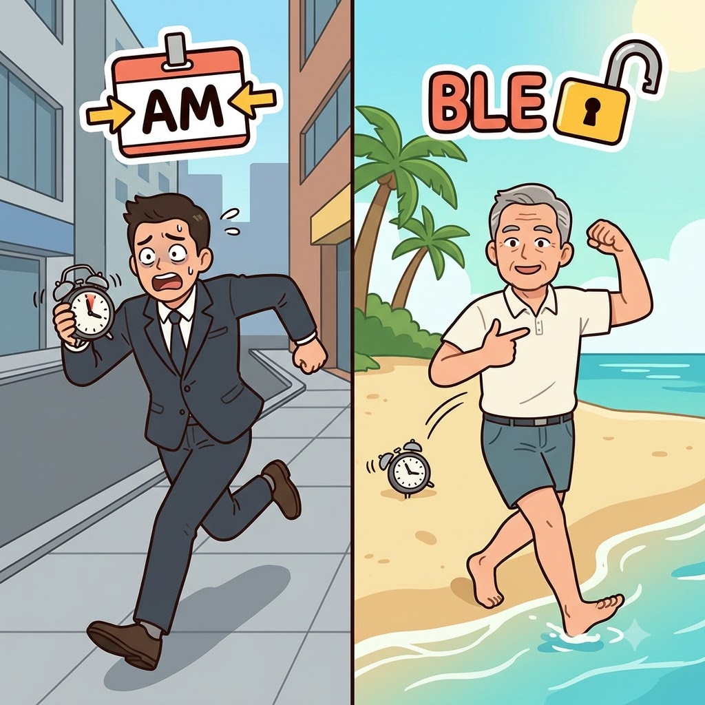 AM(am) + BLE(able) — leaving his stressful job, the retired man said "I AM finally aBLE to amble!" and took a slow, relaxed walk on the beach.