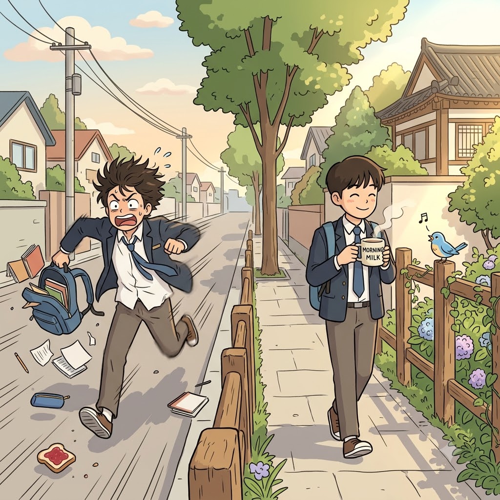 Instead of the stressful morning scramble, leaving early allowed the student to peacefully amble to school.