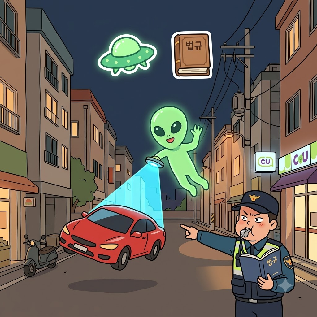 ALIEN(외계인) + MORAL(도덕) — 외계인(ALIEN)은 인간의 도덕(MORAL)을 이해하지 못하고, 남의 차를 장난감처럼 훔치는 도덕관념이 없는(amoral) 선택을 했다.