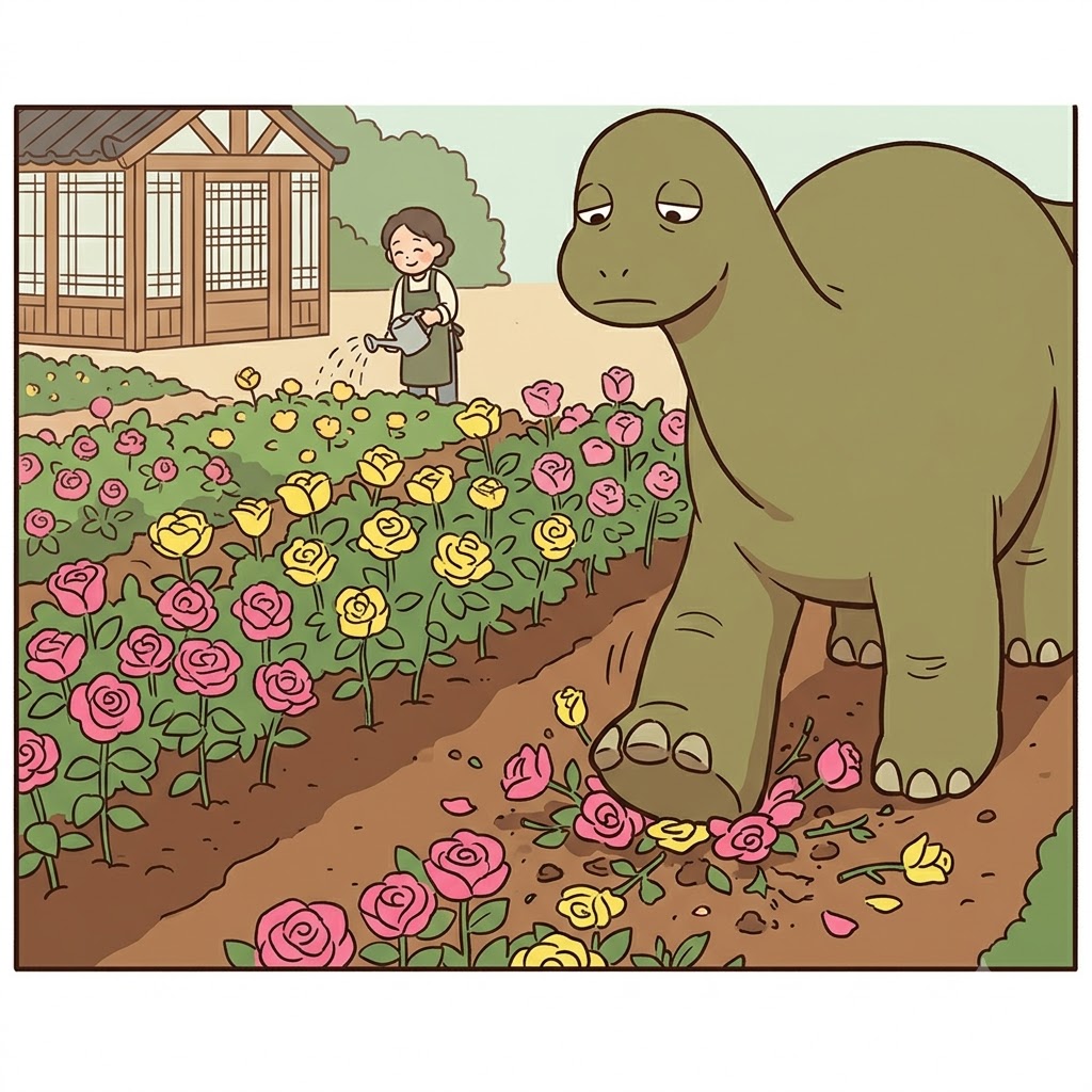 아름다운 꽃(floral) 정원을 무작정 짓밟으며, 거대한 공룡은 자신의 철저히 도덕과 무관한(amoral) 본성을 보여주었다.