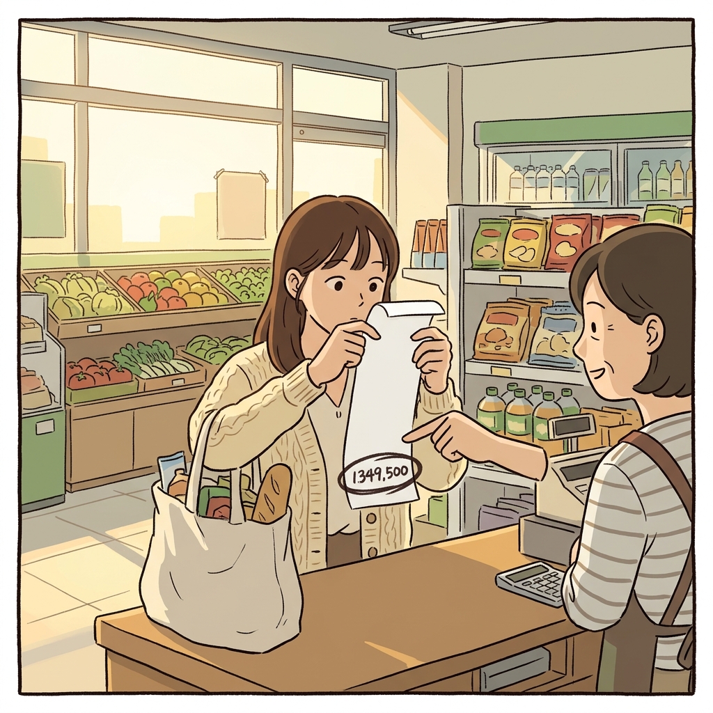 She checks the total amount on the grocery receipt before paying.