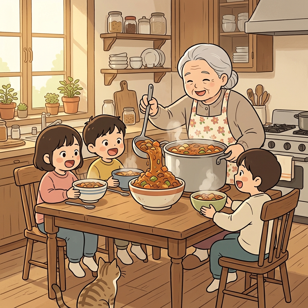 The grandmother served ample portions of stew to her hungry grandchildren.