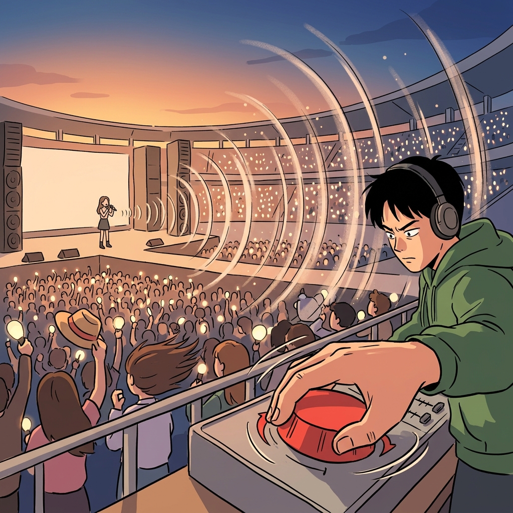 The sound engineer turns the dial to amplify the singer's voice across the stadium.