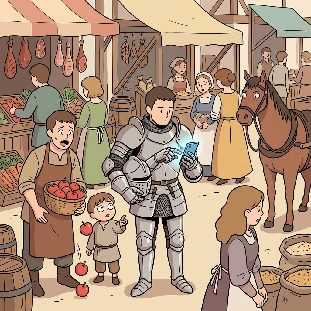 A knight checks his smartphone in the medieval marketplace — a glaring anachronism.