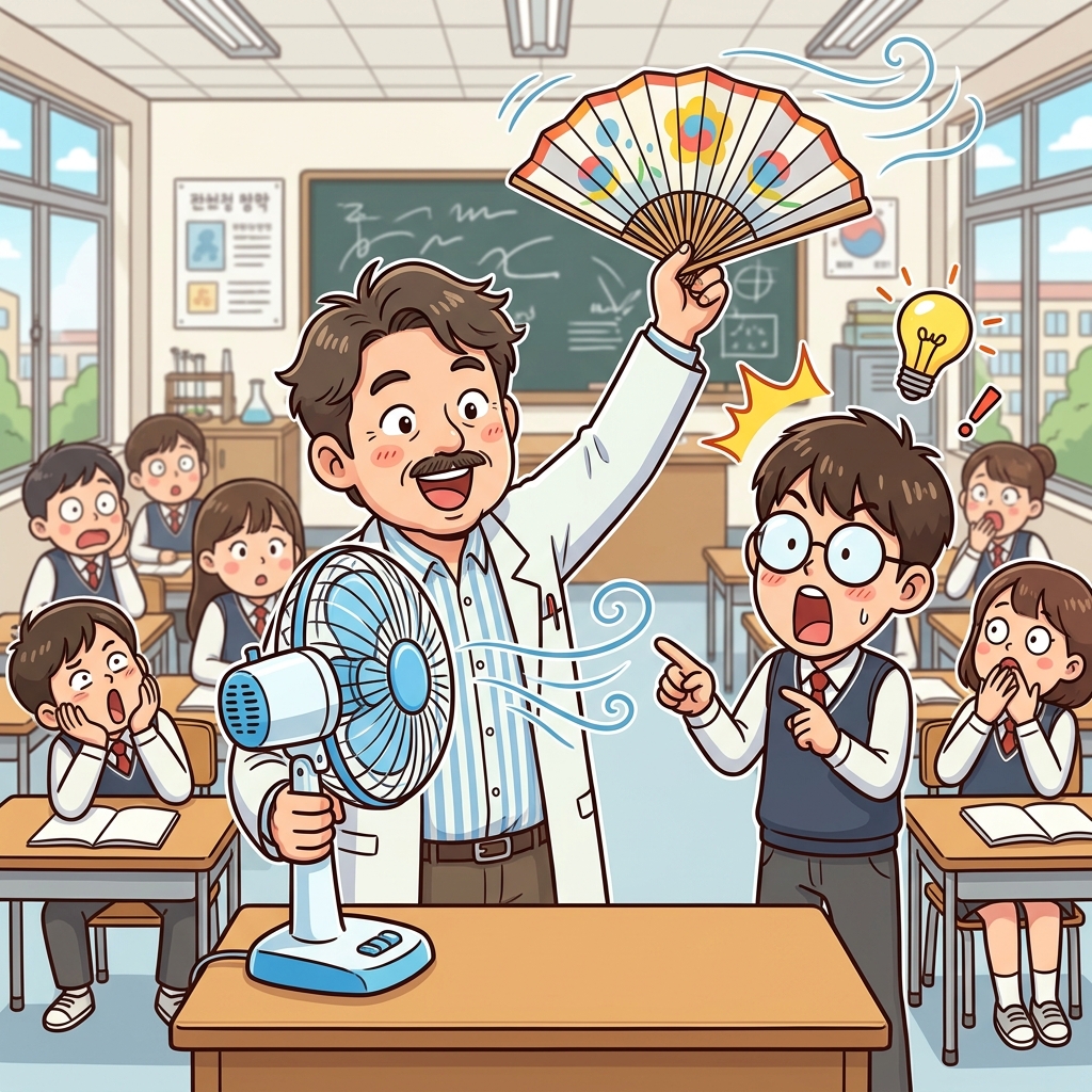선생님은 "안 닮았어?"라고 말하며 서로 매우 비슷한 두 발명품을 보여주었다. ("안 닮았어?" → 사실은 굉장히 닮았네! = analogous(유사한))