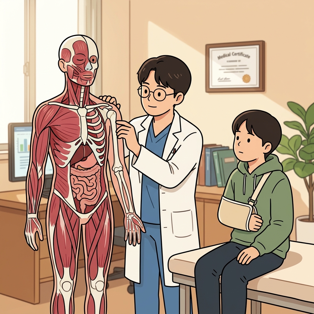 의사는 다친 환자를 치료하기 전에 인체 구조를 다시 확인했다. (몸 안(內)을 들여다보며 구조를 공부한다)