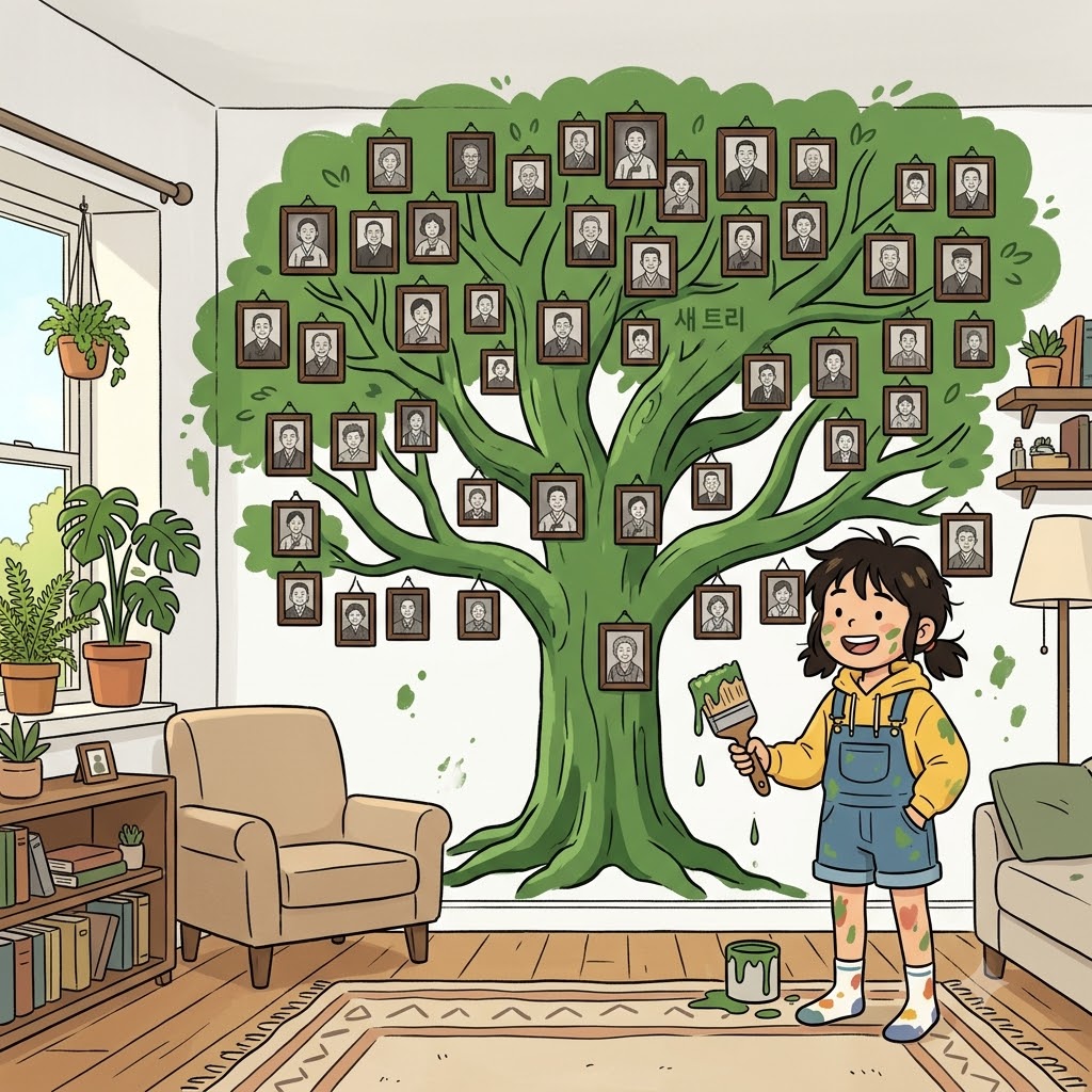 "앤(An) 새(ces) 트리(try) 그렸네!" 앤은 거실 벽에 커다란 새 나무(tree)를 그려 자신의 위대한 혈통(ancestry)을 자랑스럽게 드러냈다.