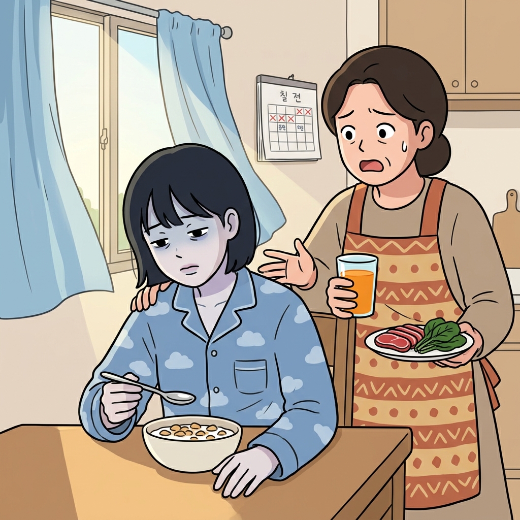 After weeks of skipping meals, she looked pale and anemic in the morning light.