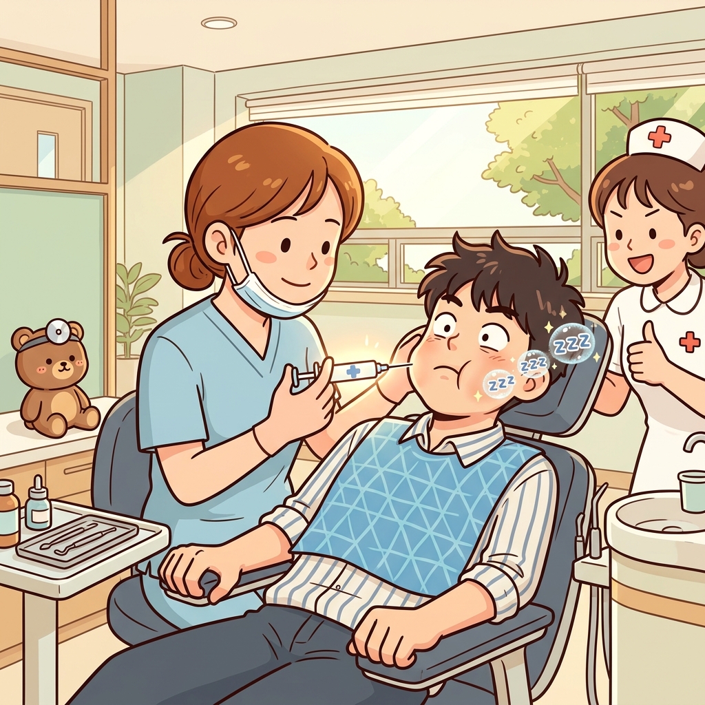 치과의사가 이를 뽑기 전에 마취제를 놓는다.