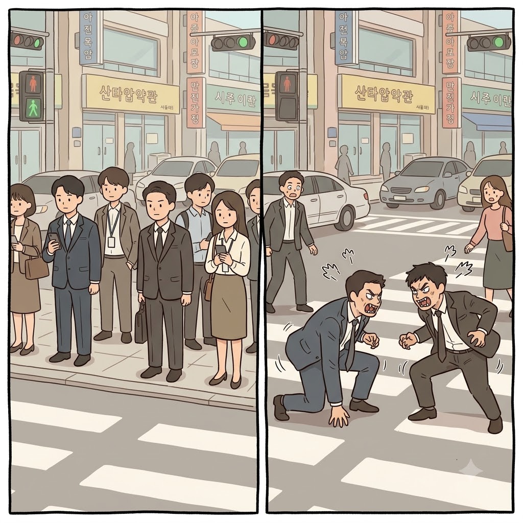 "여긴 서로 물어뜯는 애니멀(animo) 시티(sity)야!" 정장을 입은 사람들은 야생 짐승처럼 이빨을 드러내며, 서로를 향해 맹렬한 적대감(animosity)을 뿜어냈다.