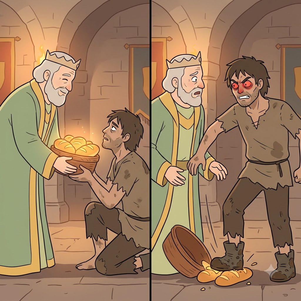 Refusing the king's warm generosity, the rebel smashed the bread to the ground, showing pure animosity.