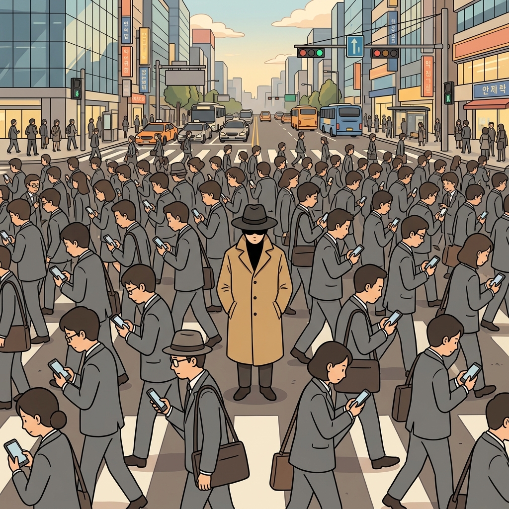 Lost in the crowded city, he remained anonymous beneath his hat.