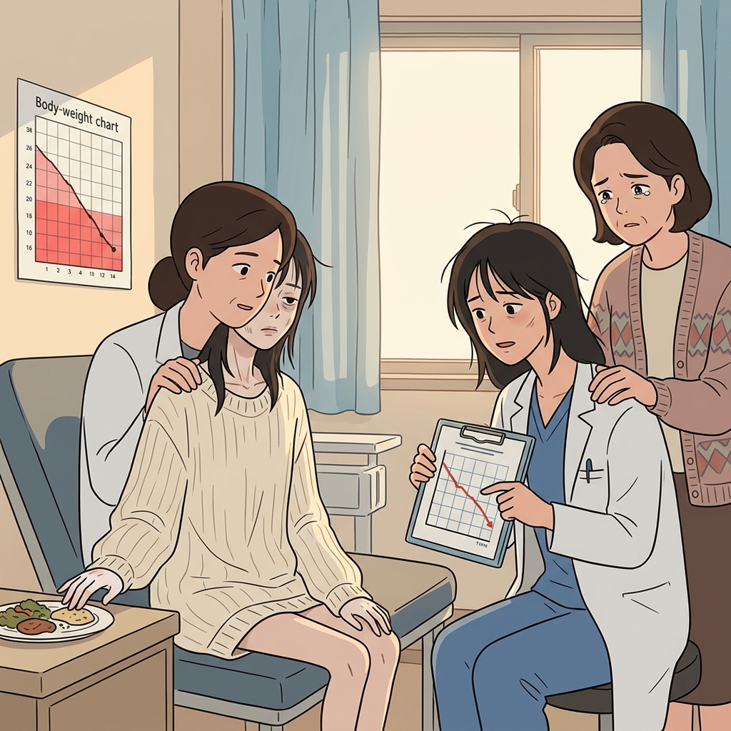 거식증으로 위험할 만큼 야윈 그녀에게 의사가 조심스레 설명한다.