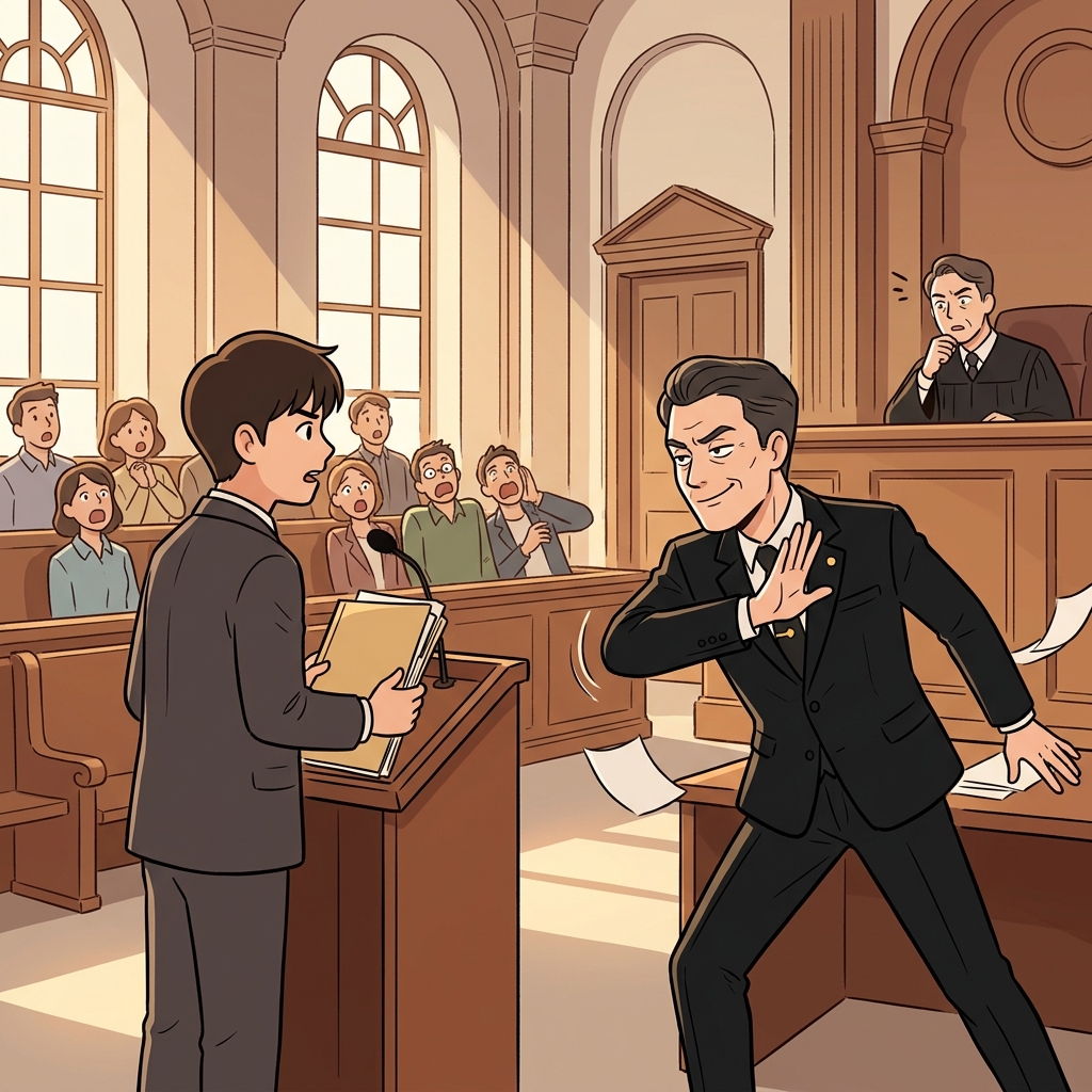 The antagonist sneers across the courtroom, blocking the hero's every move.