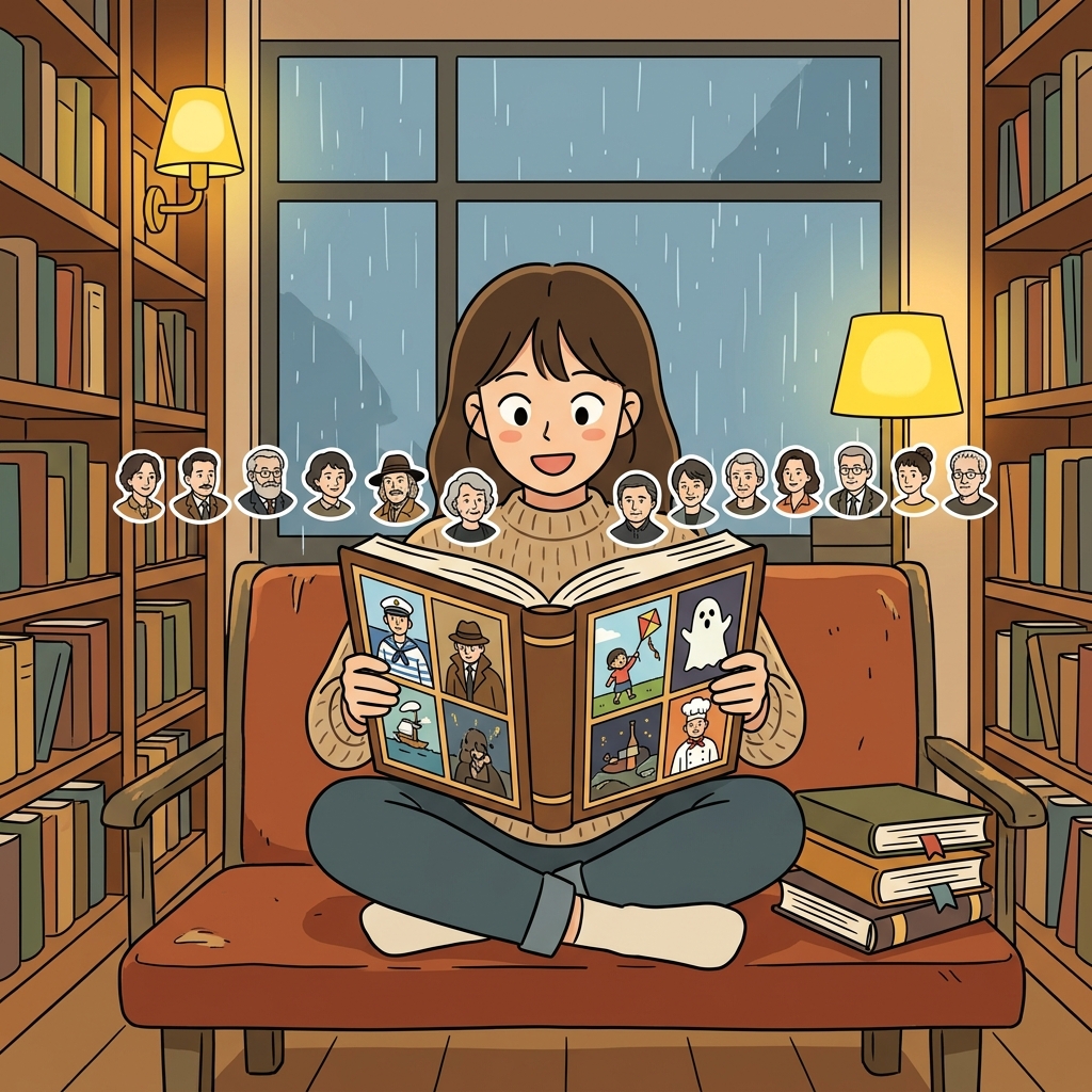 She browsed an anthology of short stories by twelve different authors.