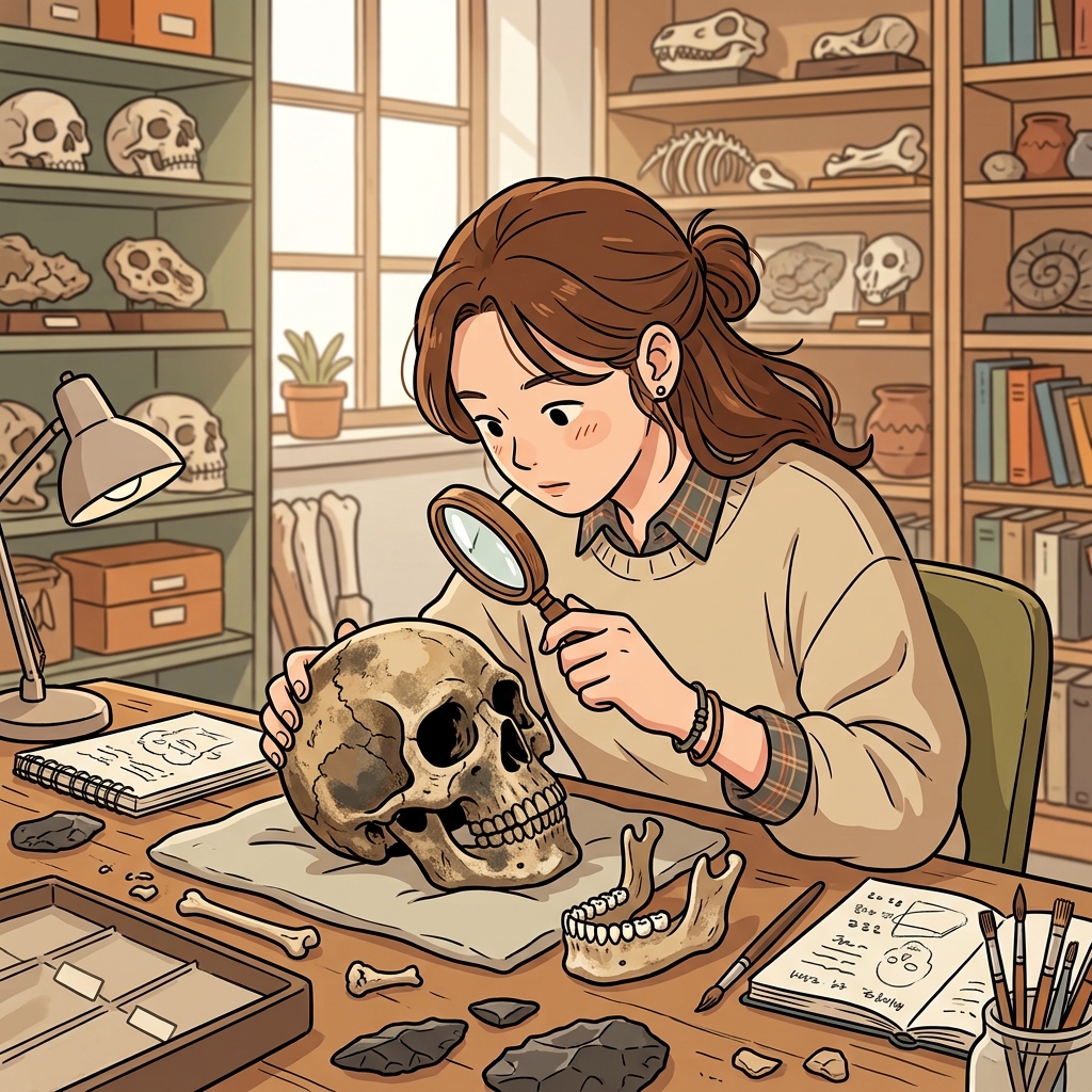 인류학자(anthropologist)는 고대 인류의 뼈를 자세히 조사하며 옛사람들의 삶을 연구했다.